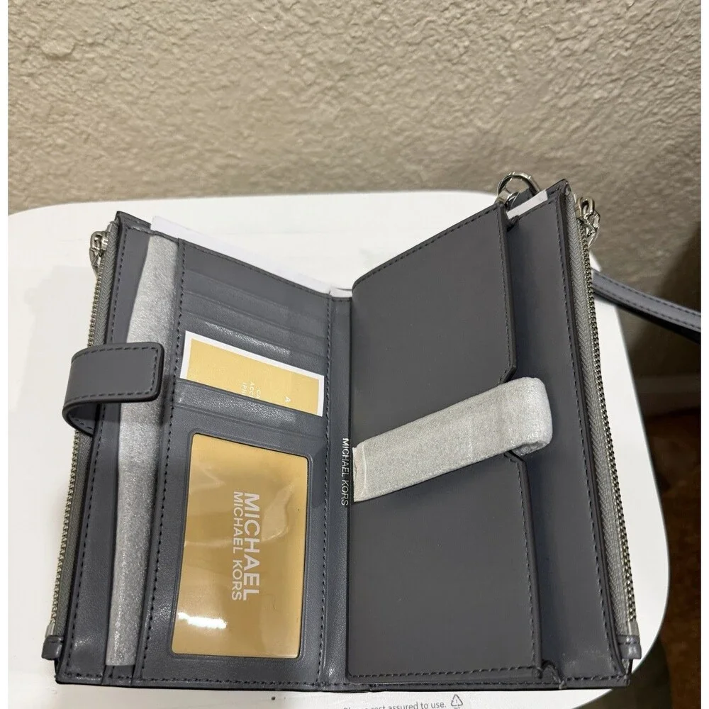 Michael Kors Jet Set Travel Double Zip Wristlet Pearl Grey Silver NWT